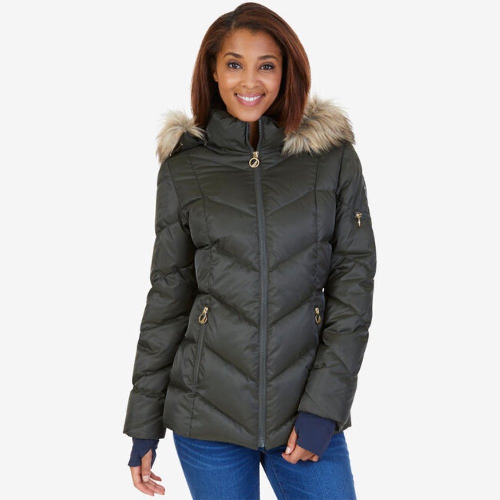NWT $195 NAUTICA Women XS Winter Snow Puffer Jacket with Faux Fur Trim Green - Picture 2 of 11